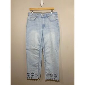OAT NEW YORK Womens Light Wash Jeans Scalloped Flower Eyelet Hem‎ Cropped 10/30